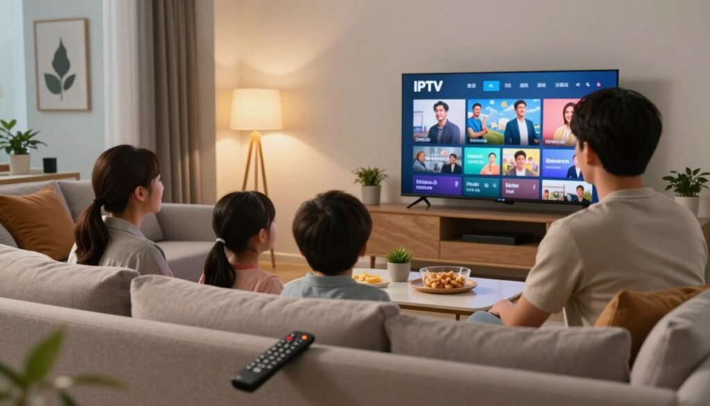 A close-up view of a modern living room featuring a comfortable sofa and a sleek television displaying vibrant IPTV content. In the foreground, a coffee table with a remote control and snacks, conveying an inviting atmosphere. The middle section showcases a family enjoying their time together, dressed in casual yet neat clothing, sitting on the sofa and engaged with the screen. In the background, soft lighting illuminates the room, creating a warm and cozy ambiance. The decor is contemporary with stylish elements like wall art and plants. The overall mood is relaxed and joyful, emphasizing the quality of IPTV services for family entertainment. Shot with a wide-angle lens to capture the entire cozy setup.
