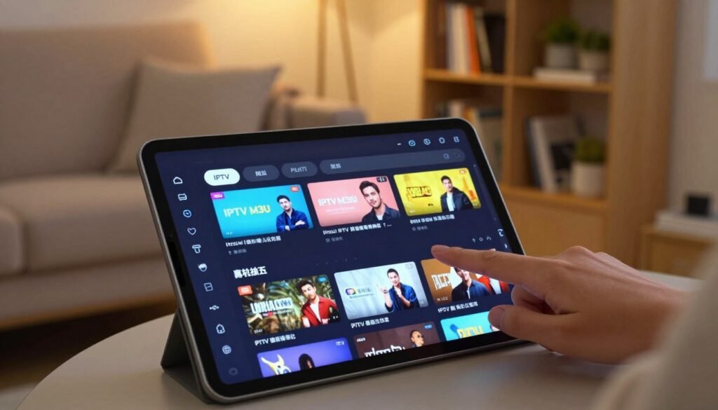 A close-up view of a neatly organized IPTV M3U playlist displayed on a sleek tablet screen. In the foreground, the tablet shows colorful and distinctive thumbnail images of various streaming channels, with a finger hovering over the screen as if about to select a channel. The middle ground features a cozy living room setup with a comfortable couch and a soft throw blanket, illuminated by warm ambient lighting. In the background, a bookshelf filled with technology books and decorative items adds personality to the scene. The mood should feel inviting and modern, emphasizing ease of use and accessibility, suggesting a seamless streaming experience at home. The composition is shot from a slightly elevated angle to capture both the device and the comforting home environment. A close-up view of a neatly organized IPTV M3U playlist displayed on a sleek tablet screen. In the foreground, the tablet shows colorful and distinctive thumbnail images of various streaming channels, with a finger hovering over the screen as if about to select a channel. The middle ground features a cozy living room setup with a comfortable couch and a soft throw blanket, illuminated by warm ambient lighting. In the background, a bookshelf filled with technology books and decorative items adds personality to the scene. The mood should feel inviting and modern, emphasizing ease of use and accessibility, suggesting a seamless streaming experience at home. The composition is shot from a slightly elevated angle to capture both the device and the comforting home environment.