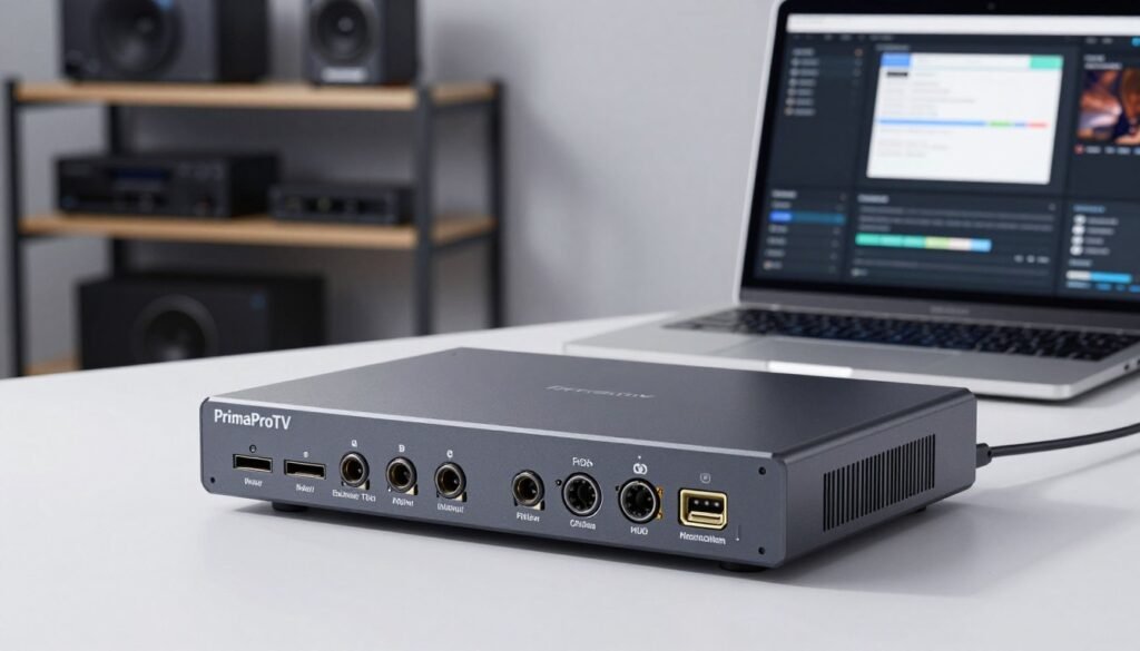 A close-up view of a sleek, modern HDMI encoder from the brand "PrimaProTV" prominently displayed in a well-lit professional environment. In the foreground, the encoder showcases its multiple input and output ports, with labels clearly visible. The middle ground features a laptop connected to the encoder, displaying streaming software in use, highlighting the installation and configuration essentials. In the background, a subtle tech workspace ambiance with blurred shelves filled with audiovisual equipment creates a sense of immersion. The lighting is bright and focused, emphasizing the encoder's details, while the lens captures a slight depth of field to add dimension. The atmosphere conveys a sense of reliability and professionalism, perfect for illustrating installation and configuration topics.