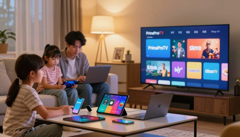 A cozy living room scene featuring a family of four enjoying a movie night while using multiple streaming devices. In the foreground, a modern sleek TV displaying vibrant streaming service icons, specifically highlighting "PrimaProTV". In the middle, a stylish coffee table cluttered with different devices like smartphones, tablets, and a laptop. The background shows a warm and inviting atmosphere with soft lighting illuminating the room, creating a relaxed ambiance. The family members are wearing comfortable, casual clothing, fully engaged with their devices. The scene captures the joy of streaming IPTV at home, emphasizing connectivity and entertainment. The lens captures the image with a slightly blurred background to focus on the family and devices, creating depth. A cozy living room scene featuring a family of four enjoying a movie night while using multiple streaming devices. In the foreground, a modern sleek TV displaying vibrant streaming service icons, specifically highlighting "PrimaProTV". In the middle, a stylish coffee table cluttered with different devices like smartphones, tablets, and a laptop. The background shows a warm and inviting atmosphere with soft lighting illuminating the room, creating a relaxed ambiance. The family members are wearing comfortable, casual clothing, fully engaged with their devices. The scene captures the joy of streaming IPTV at home, emphasizing connectivity and entertainment. The lens captures the image with a slightly blurred background to focus on the family and devices, creating depth.