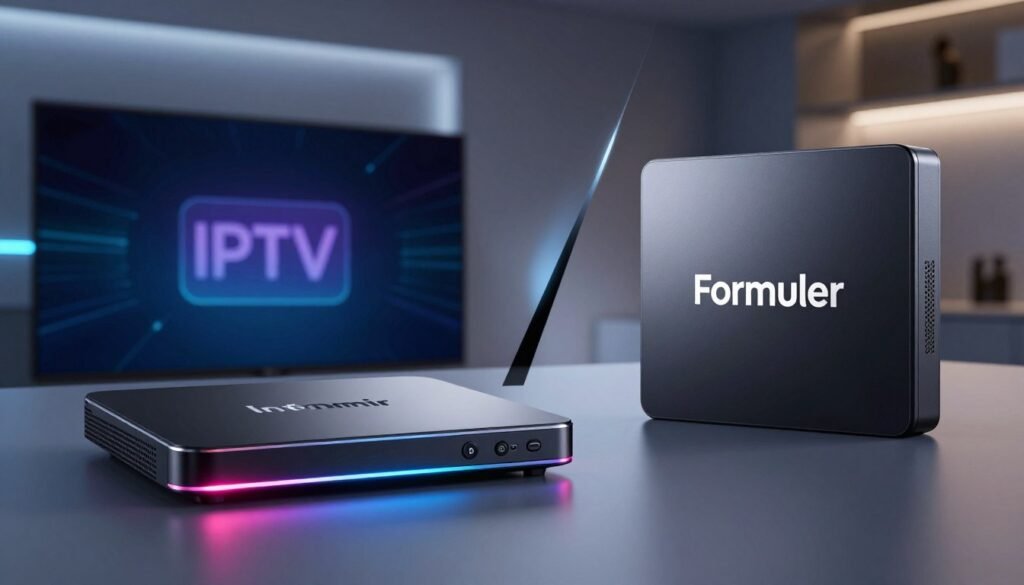 A detailed and visually engaging comparison image of two IPTV boxes, one representing Infomir and the other Formuler, set against a sleek, modern backdrop. The foreground features the Infomir box on the left, showcasing its distinctive design and logo, with vibrant LED lights illuminating its sleek profile. On the right, the Formuler box displays its unique features and logo, with a subtle glow highlighting its premium finish. The middle ground includes a split-screen effect, emphasizing the contrast in their designs and functionalities. The background consists of a tech-inspired theme with soft, diffused lighting that creates a professional atmosphere. Focus on clarity and detail, using a slight angle to provide depth, creating an image that embodies a competitive comparison between these two IPTV boxes. A detailed and visually engaging comparison image of two IPTV boxes, one representing Infomir and the other Formuler, set against a sleek, modern backdrop. The foreground features the Infomir box on the left, showcasing its distinctive design and logo, with vibrant LED lights illuminating its sleek profile. On the right, the Formuler box displays its unique features and logo, with a subtle glow highlighting its premium finish. The middle ground includes a split-screen effect, emphasizing the contrast in their designs and functionalities. The background consists of a tech-inspired theme with soft, diffused lighting that creates a professional atmosphere. Focus on clarity and detail, using a slight angle to provide depth, creating an image that embodies a competitive comparison between these two IPTV boxes.
