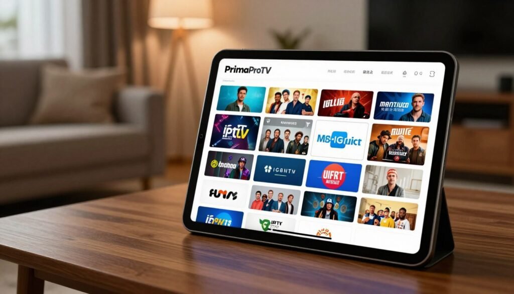 A detailed scene depicting a modern digital display showcasing an IPTV channel list for "PrimaProTV." In the foreground, a sleek tablet rests on a polished wooden table, featuring a vibrant, well-organized grid of various channel logos categorized by genre. Each logo is clear and visually distinct, with an emphasis on popular shows and networks in the U.S. The middle ground presents blurred outlines of a cozy living room setting, suggesting comfort and relaxation while watching TV. In the background, soft ambient lighting creates a warm atmosphere, enhancing the digital focus. The image captures a sense of innovation and convenience, inviting viewers to explore diverse content options available with IPTV services.
