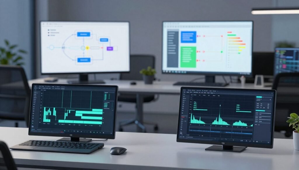 A detailed side-by-side comparison of H.264 and HEVC encoders, designed for a professional article. In the foreground, sleek and modern digital interfaces of both encoders, with glowing indicators and high-resolution displays, highlighting their functionalities. The middle layer features a clean workspace with technical diagrams illustrating compression algorithms and coding efficiency metrics, subtly showcasing the differences between the two codecs. The background features a sophisticated office environment with soft, focused lighting, emphasizing a professional atmosphere suitable for technology discussion. Use a slightly angled overhead view to capture both encoders prominently. The overall mood is informative and analytical, conveying clarity in the technical comparison. Include branding elements for "PrimaProTV" subtly integrated into the design without any text or overlays.