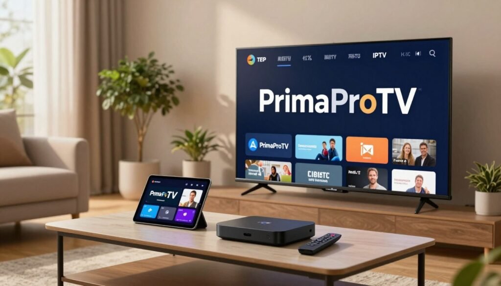 A dynamic and visually engaging scene illustrating the concept of top IPTV providers, featuring a modern living room setting. In the foreground, a sleek flat-screen TV displays the logo of "PrimaProTV," symbolizing top-quality service. The middle ground includes a stylish coffee table with streaming devices like a remote and a tablet showcasing various streaming apps. The background reveals a cozy atmosphere with soft, warm lighting and a large window allowing natural light to filter in. A few potted plants add a touch of greenery, enhancing the inviting feel. The overall mood is one of comfort and reliability, ideal for a family enjoying their IPTV service together. The image captures the essence of evaluating IPTV providers with sophistication and clarity. A dynamic and visually engaging scene illustrating the concept of top IPTV providers, featuring a modern living room setting. In the foreground, a sleek flat-screen TV displays the logo of "PrimaProTV," symbolizing top-quality service. The middle ground includes a stylish coffee table with streaming devices like a remote and a tablet showcasing various streaming apps. The background reveals a cozy atmosphere with soft, warm lighting and a large window allowing natural light to filter in. A few potted plants add a touch of greenery, enhancing the inviting feel. The overall mood is one of comfort and reliability, ideal for a family enjoying their IPTV service together. The image captures the essence of evaluating IPTV providers with sophistication and clarity.