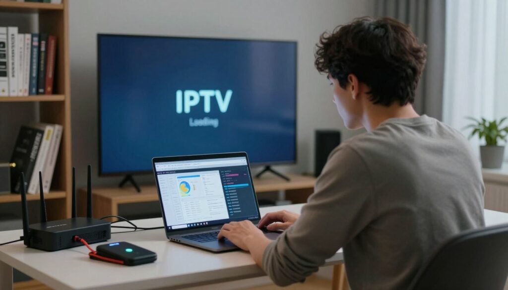 A focused scene depicting a modern home office workspace for troubleshooting IPTV services. In the foreground, a technician in smart casual attire sits intently at a laptop, analyzing IPTV errors, with visible charts and troubleshooting software on the screen. The middle ground shows a large flat-screen TV displaying a "Loading" error message, and various troubleshooting tools like cables and a router cluttering the desk. In the background, a bookshelf lined with technology guides and manuals provides context. Soft, diffuse ambient lighting creates a calm yet focused atmosphere, while a shallow depth of field keeps the technician in sharp focus, emphasizing the troubleshooting process. The overall mood conveys a professional yet approachable vibe, suitable for resolving IPTV issues.