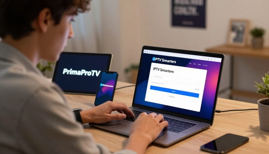 A focused scene depicting a professional setting where a user is troubleshooting an IPTV Smarters login issue. In the foreground, a person in smart casual attire is sitting at a desk, intently examining a laptop screen displaying the IPTV Smarters login interface with fields for username and password. The middle ground features tech-themed items like a smartphone, a tablet showing the PrimaProTV logo, and cables scattered around. The background subtly blends a modern home office with soft lighting and a motivational poster on the wall. Emphasize a mood of concentration and problem-solving. Use warm, inviting colors to evoke a sense of clarity and determination. The camera angle should capture the user's focused expression and the vibrant details on the laptop screen.