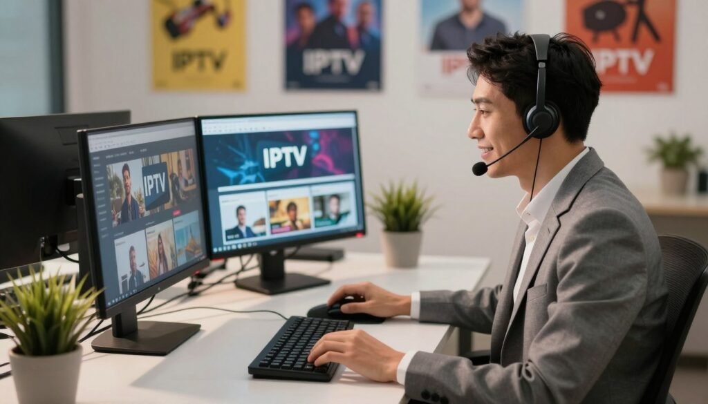 A friendly customer support representative wearing a professional headset and business attire, sitting at a modern desk equipped with a dual-monitor setup displaying IPTV options. The light from the screens casts a warm glow, enhancing the busy yet inviting atmosphere of an office environment. In the background, a wall decorated with colorful posters of popular IPTV programs creates a vibrant yet professional vibe. A potted plant adds a touch of freshness to the scene. The shot is captured from a slightly elevated angle, providing a clear view of the representative as they engage empathetically with an unseen customer. Ideal lighting highlights the interaction while conveying a sense of reliability and support in the IPTV industry.