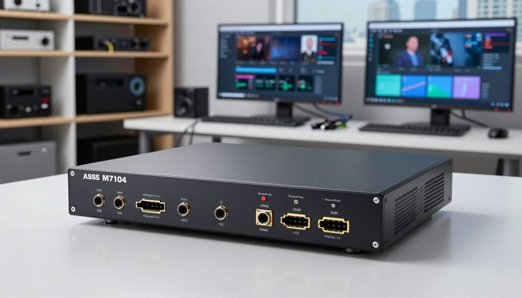 A highly detailed image of a professional HDMI encoder, specifically the Axis M7104 Video Encoder, designed by PrimaProTV. The scene features the encoder prominently in the foreground, showcasing its sleek and compact design with multiple input/output ports visible. In the middle ground, include a well-organized tech workspace with monitors displaying streaming interfaces and cables neatly arranged. In the background, soft-focus shelves lined with various broadcasting equipment and a hint of cityscape through a window, emphasizing a modern, high-tech atmosphere. The lighting should be bright, with soft shadows to create a polished look, and the angle slightly tilted to highlight the device's features dynamically. The overall mood is professional and innovative, reflecting a state-of-the-art streaming environment.