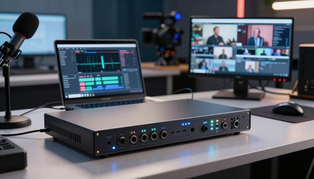 A modern IPTV encoder set up for live streaming, prominently positioned in the foreground. The encoder features sleek, high-tech design with visible input ports and LED indicators, showing it's actively capturing video. In the middle ground, a laptop displays streaming software with graphs and analytics, while professional monitors showcase live feeds of various content. The background includes a well-organized broadcasting studio, with microphones, cameras, and lighting equipment, emphasizing a state-of-the-art streaming environment. Soft, focused lighting highlights the equipment, creating a tech-savvy atmosphere. The image should be framed at an angle that emphasizes depth, with a slight depth of field effect to draw attention to the encoder. The overall mood conveys professionalism and innovation in live streaming technology. A modern IPTV encoder set up for live streaming, prominently positioned in the foreground. The encoder features sleek, high-tech design with visible input ports and LED indicators, showing it's actively capturing video. In the middle ground, a laptop displays streaming software with graphs and analytics, while professional monitors showcase live feeds of various content. The background includes a well-organized broadcasting studio, with microphones, cameras, and lighting equipment, emphasizing a state-of-the-art streaming environment. Soft, focused lighting highlights the equipment, creating a tech-savvy atmosphere. The image should be framed at an angle that emphasizes depth, with a slight depth of field effect to draw attention to the encoder. The overall mood conveys professionalism and innovation in live streaming technology.