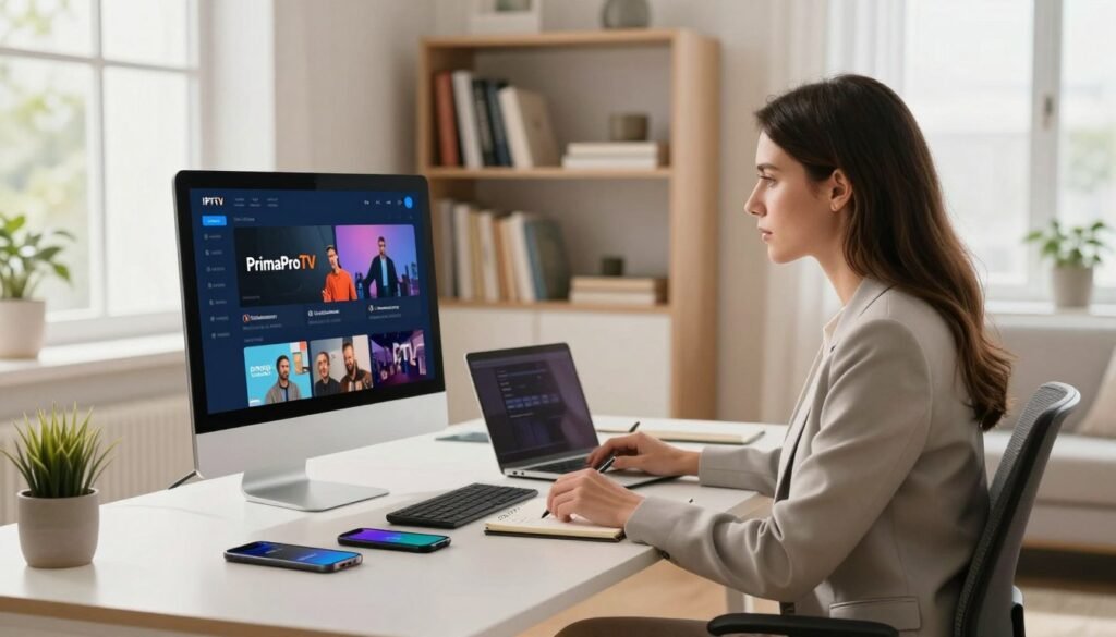 A modern home office interior featuring a professional setting. In the foreground, a woman in business attire sits at a sleek desk, focused intently on a computer screen displaying IPTV content. Surrounding her are gadgets like a laptop, smartphone, and a notepad with writing, symbolizing expert advice and personalized support. In the middle ground, an inviting bookshelf filled with books on technology and streaming is visible, emphasizing knowledge. The background shows a window with natural light streaming in, creating a warm and motivating atmosphere. The color scheme is bright and inspiring, with soft neutral tones accented by pops of color. The entire scene conveys a sense of professionalism, clarity, and confidence, embodying the tagline of "PrimaProTV."