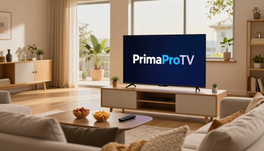 A modern living room featuring a sleek TV displaying the logo "PrimaProTV" as the central focus. In the foreground, a cozy couch with plush cushions, accompanied by a stylish coffee table with a remote and some snack bowls. The middle layer showcases a vibrant, inviting backdrop of a well-decorated living space with soft lighting that highlights the ambiance. Large windows in the background let in warm, natural light, enhancing the cozy atmosphere. The scene conveys a feeling of relaxation and excitement for a streaming experience, emphasizing the best IPTV service for entertainment. Capture the image with a wide-angle lens for a spacious feel, ensuring the atmosphere is warm and welcoming, suitable for US streaming fans.