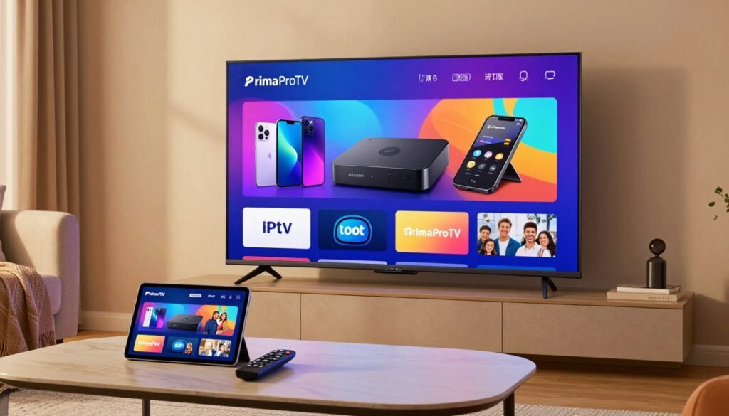 A modern living room featuring a sleek smart TV displaying the logo of "PrimaProTV" prominently, showcasing affordable live TV streaming content. In the foreground, a stylish coffee table holds a remote control and a tablet with a user-friendly interface for IPTV selection. In the middle, the smart TV provides a vibrant, colorful screen with dynamic visuals representing various compatible devices like smartphones, tablets, and streaming boxes. The background includes cozy furnishings and soft ambient lighting that creates a warm, inviting atmosphere. The scene captures a sense of convenience and innovation in home entertainment, with an emphasis on enjoying IPTV services comfortably at home. A modern living room featuring a sleek smart TV displaying the logo of "PrimaProTV" prominently, showcasing affordable live TV streaming content. In the foreground, a stylish coffee table holds a remote control and a tablet with a user-friendly interface for IPTV selection. In the middle, the smart TV provides a vibrant, colorful screen with dynamic visuals representing various compatible devices like smartphones, tablets, and streaming boxes. The background includes cozy furnishings and soft ambient lighting that creates a warm, inviting atmosphere. The scene captures a sense of convenience and innovation in home entertainment, with an emphasis on enjoying IPTV services comfortably at home.