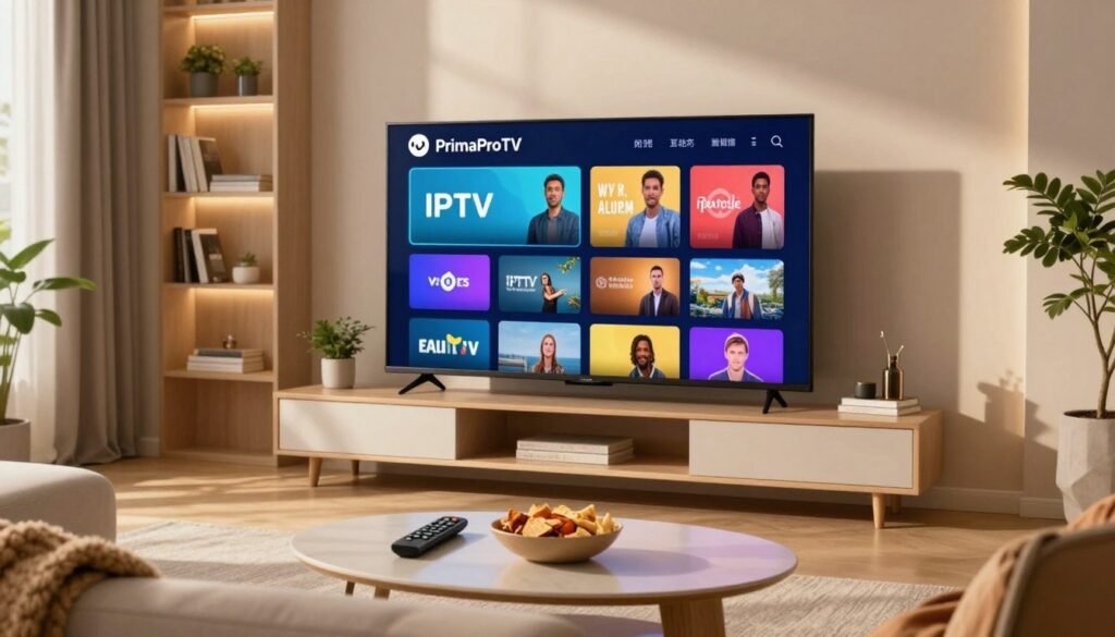 A modern living room featuring a sleek television set showing a variety of IPTV channels, highlighting a subscription service interface from "PrimaProTV." In the foreground, a comfortable couch with an inviting throw blanket, and a stylish coffee table displaying a remote control and snack bowl. In the middle, the TV is lit up with vibrant channel logos and colorful visuals, creating a sense of excitement. The background features softly lit shelves with books and plants, enhancing the cozy atmosphere. The lighting is warm and natural, with sunlight streaming through a window, casting gentle shadows. The overall mood is welcoming and engaging, encouraging viewers to explore the world of IPTV entertainment. A modern living room featuring a sleek television set showing a variety of IPTV channels, highlighting a subscription service interface from "PrimaProTV." In the foreground, a comfortable couch with an inviting throw blanket, and a stylish coffee table displaying a remote control and snack bowl. In the middle, the TV is lit up with vibrant channel logos and colorful visuals, creating a sense of excitement. The background features softly lit shelves with books and plants, enhancing the cozy atmosphere. The lighting is warm and natural, with sunlight streaming through a window, casting gentle shadows. The overall mood is welcoming and engaging, encouraging viewers to explore the world of IPTV entertainment.