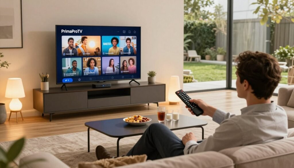 A modern living room featuring a stylish TV setup with a streaming device prominently displaying the brand "PrimaProTV". In the foreground, an individual in business attire sits comfortably on a plush sofa, holding a remote control and browsing through channels. The middle layer showcases a sleek coffee table with snacks and drinks, while a cozy ambiance is created by warm lighting coming from stylish lamps. In the background, large windows reveal a peaceful garden outside, enhancing the inviting atmosphere. The mood is relaxed and engaging, representing a legal IPTV streaming experience filled with family-friendly content. The shot is taken from a slight angle, focusing on the interaction between the person and the device, showcasing a blend of comfort and modern technology. A modern living room featuring a stylish TV setup with a streaming device prominently displaying the brand "PrimaProTV". In the foreground, an individual in business attire sits comfortably on a plush sofa, holding a remote control and browsing through channels. The middle layer showcases a sleek coffee table with snacks and drinks, while a cozy ambiance is created by warm lighting coming from stylish lamps. In the background, large windows reveal a peaceful garden outside, enhancing the inviting atmosphere. The mood is relaxed and engaging, representing a legal IPTV streaming experience filled with family-friendly content. The shot is taken from a slight angle, focusing on the interaction between the person and the device, showcasing a blend of comfort and modern technology.