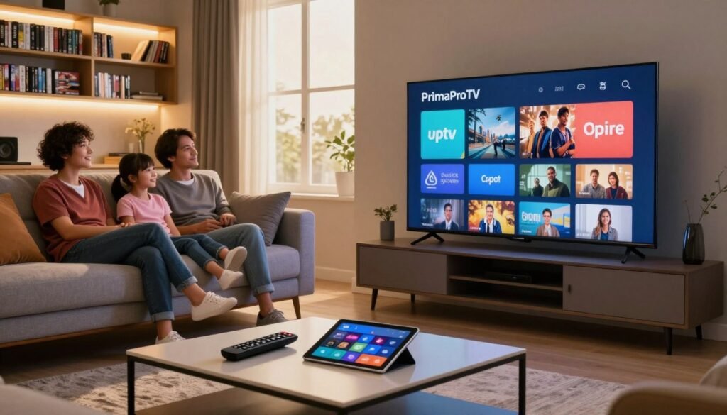 A modern living room filled with technology, showcasing a large flat-screen TV displaying an IPTV interface. In the foreground, a stylish coffee table holds a remote control and a tablet, emphasizing interactivity. The middle ground features a cozy couch with a family enjoying a movie night, dressed in casual but neat clothing, engaged and happy. In the background, shelves lined with DVDs are subtly illuminated, creating a warm ambiance, while soft, natural light filters through a window, casting gentle shadows. The atmosphere is inviting and relaxed, ideal for streaming entertainment. Include elements symbolizing different viewing priorities such as sports, movies, and news. Prominently feature the brand name "PrimaProTV" on the screen, ensuring it is clear yet seamlessly integrated into the scene. A modern living room filled with technology, showcasing a large flat-screen TV displaying an IPTV interface. In the foreground, a stylish coffee table holds a remote control and a tablet, emphasizing interactivity. The middle ground features a cozy couch with a family enjoying a movie night, dressed in casual but neat clothing, engaged and happy. In the background, shelves lined with DVDs are subtly illuminated, creating a warm ambiance, while soft, natural light filters through a window, casting gentle shadows. The atmosphere is inviting and relaxed, ideal for streaming entertainment. Include elements symbolizing different viewing priorities such as sports, movies, and news. Prominently feature the brand name "PrimaProTV" on the screen, ensuring it is clear yet seamlessly integrated into the scene.