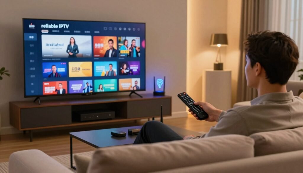A modern living room scene designed to highlight the concept of "reliable IPTV." In the foreground, a sleek smart TV displays a vibrant, colorful user interface, showcasing popular streaming platforms. A comfortable couch is positioned centrally, with a person in professional attire calmly browsing content on a remote, conveying ease and relaxation. In the middle ground, a stylish entertainment center houses various media devices, surrounded by subtle hints of digital security elements, like a router with an illuminated security light. The background features a warm, inviting ambiance with soft lighting, creating a sense of safety and comfort. The image captures a harmonious balance of technology and home life, reflecting themes of security and privacy in IPTV. A modern living room scene designed to highlight the concept of "reliable IPTV." In the foreground, a sleek smart TV displays a vibrant, colorful user interface, showcasing popular streaming platforms. A comfortable couch is positioned centrally, with a person in professional attire calmly browsing content on a remote, conveying ease and relaxation. In the middle ground, a stylish entertainment center houses various media devices, surrounded by subtle hints of digital security elements, like a router with an illuminated security light. The background features a warm, inviting ambiance with soft lighting, creating a sense of safety and comfort. The image captures a harmonious balance of technology and home life, reflecting themes of security and privacy in IPTV.
