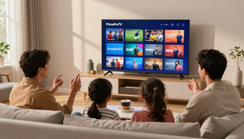A modern living room scene featuring a sleek smart TV displaying vibrant streaming options, emphasizing the affordability and extensive channel selection of "PrimaProTV." In the foreground, a friendly family of four—a diverse couple and their children—are comfortably seated on a stylish couch, engaged and excited as they browse through the channels. The middle ground showcases the TV with clear thumbnails of various channels, depicting sports, news, and entertainment. The background has warm lighting, with cozy decor that enhances a relaxed atmosphere. The scene should capture a sense of enjoyment and togetherness in a home setting, utilizing soft natural light streaming through a window, creating inviting shadows and highlights. A modern living room scene featuring a sleek smart TV displaying vibrant streaming options, emphasizing the affordability and extensive channel selection of "PrimaProTV." In the foreground, a friendly family of four—a diverse couple and their children—are comfortably seated on a stylish couch, engaged and excited as they browse through the channels. The middle ground showcases the TV with clear thumbnails of various channels, depicting sports, news, and entertainment. The background has warm lighting, with cozy decor that enhances a relaxed atmosphere. The scene should capture a sense of enjoyment and togetherness in a home setting, utilizing soft natural light streaming through a window, creating inviting shadows and highlights.