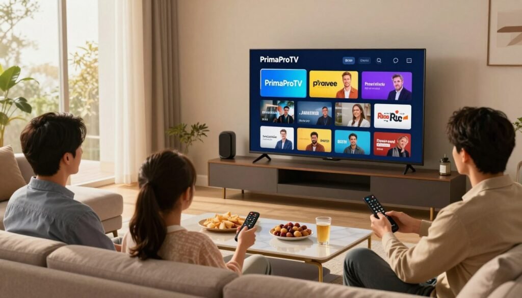 A modern living room scene showcasing an IPTV streaming service, featuring a sleek smart TV displaying the "PrimaProTV" interface with colorful streaming content options. In the foreground, a family of three—dressed in casual yet professional clothing—sits comfortably on a stylish couch, using a remote control to navigate through channels. The middle section includes a stylish coffee table with snacks and drinks, enhancing the cozy atmosphere. In the background, a large window lets in warm, natural lighting, creating an inviting ambiance. The overall mood is one of relaxation and connectivity, reflecting the internet requirements for smooth IPTV streaming with an emphasis on high-speed access.