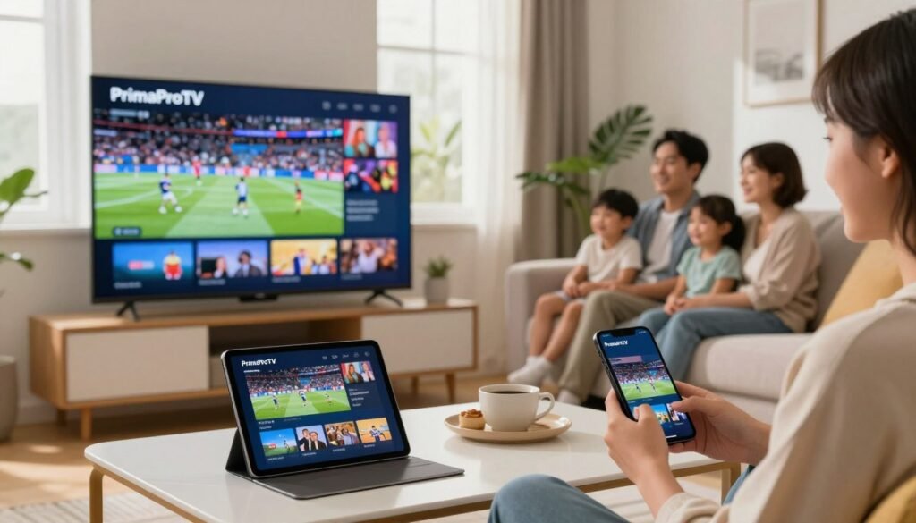 A modern living room setting featuring "PrimaProTV" streaming service displayed on multiple devices: a large smart TV on the wall playing vibrant live content, prominently showing a family gathered on a stylish couch, enjoying a sports event. In the foreground, a tablet on the coffee table displays a live streaming interface, while a smartphone in the hands of a family member shows a different channel. The background includes a window with soft natural light illuminating the scene, creating a warm and inviting atmosphere. The room is decorated with comfortable furnishings and plants, emphasizing a cozy, tech-savvy lifestyle. Use a professional lens effect with a slight blur on the background to focus attention on the devices and the family's joyful expressions.