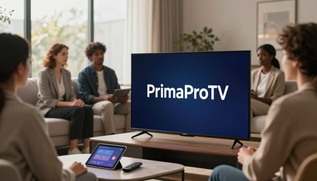 A modern living room setting featuring a sleek Smart TV displaying the logo of "PrimaProTV", symbolizing a secure streaming service. In the foreground, a stylish coffee table is adorned with a tablet and a remote control, hinting at a user-friendly interface. The middle ground features a comfortable sofa where a diverse group of individuals, dressed in professional business attire, are engaged in a discussion about their favorite shows. The background showcases a large window with warm, natural light filtering in, creating an inviting atmosphere. Soft focus on the edges enhances the central scene, while a subtle bokeh effect adds depth. The overall mood is one of informality blended with professionalism, illustrating a safe and trustworthy streaming experience in a home environment. A modern living room setting featuring a sleek Smart TV displaying the logo of "PrimaProTV", symbolizing a secure streaming service. In the foreground, a stylish coffee table is adorned with a tablet and a remote control, hinting at a user-friendly interface. The middle ground features a comfortable sofa where a diverse group of individuals, dressed in professional business attire, are engaged in a discussion about their favorite shows. The background showcases a large window with warm, natural light filtering in, creating an inviting atmosphere. Soft focus on the edges enhances the central scene, while a subtle bokeh effect adds depth. The overall mood is one of informality blended with professionalism, illustrating a safe and trustworthy streaming experience in a home environment.
