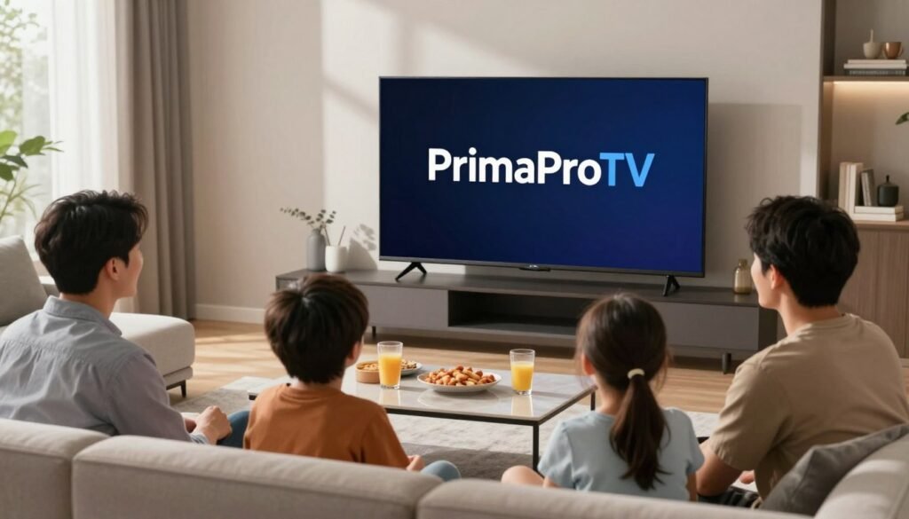 A modern living room setting featuring a sleek, flat-screen TV displaying the logo of "PrimaProTV" prominently on the screen, emphasizing its IPTV streaming service. In the foreground, a family of four, dressed in smart casual attire, sits comfortably on a stylish sofa, with expressions of enjoyment and engagement as they watch their favorite show. The middle ground shows a stylish coffee table with snacks and drinks, creating a cozy atmosphere. In the background, soft natural light filters through large windows, casting gentle shadows and enhancing the inviting ambiance. Use a shallow depth of field to focus sharply on the family and the TV screen, creating a warm and inviting mood that reflects the performance and stability of Kemo IPTV. A modern living room setting featuring a sleek, flat-screen TV displaying the logo of "PrimaProTV" prominently on the screen, emphasizing its IPTV streaming service. In the foreground, a family of four, dressed in smart casual attire, sits comfortably on a stylish sofa, with expressions of enjoyment and engagement as they watch their favorite show. The middle ground shows a stylish coffee table with snacks and drinks, creating a cozy atmosphere. In the background, soft natural light filters through large windows, casting gentle shadows and enhancing the inviting ambiance. Use a shallow depth of field to focus sharply on the family and the TV screen, creating a warm and inviting mood that reflects the performance and stability of Kemo IPTV.