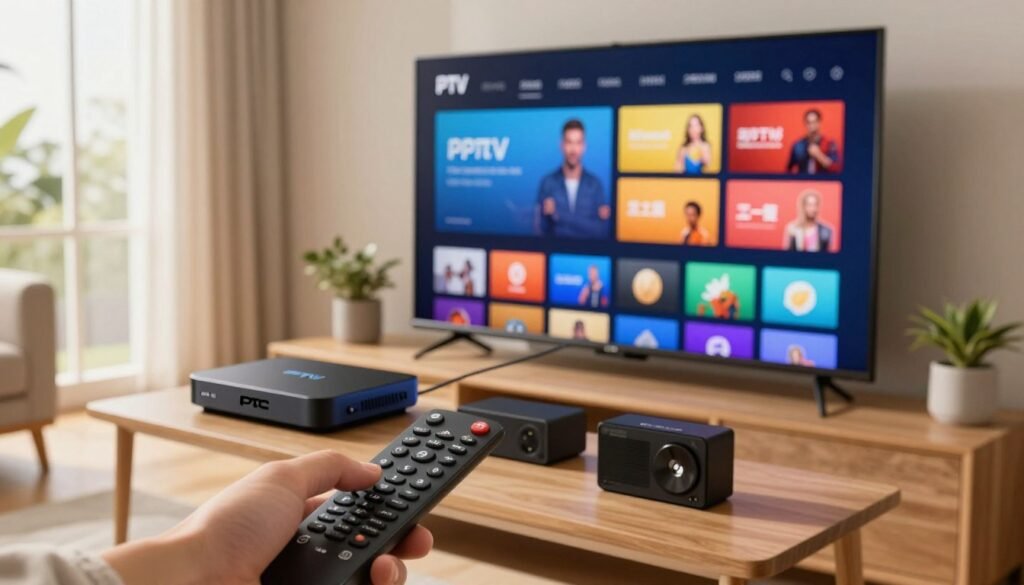 A modern living room setting featuring a stylish entertainment unit with various streaming devices prominently displayed, such as a sleek IPTV box and a smart TV. In the foreground, a hand is reaching for a remote control. The middle ground showcases a large screen displaying vibrant IPTV apps with colorful icons, creating a dynamic visual. In the background, soft natural lighting pours in from a large window, illuminating the room with a warm and inviting glow, enhancing the mood of comfort and modern technology. The scene is viewed from a slightly elevated angle to capture both the devices and the screen effectively, ensuring a clear focus on the IPTV apps and streaming experience. The atmosphere is friendly and tech-savvy, appealing to viewers interested in streaming options.