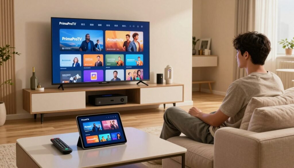 A modern living room setting featuring a stylish flat-screen TV displaying a vibrant streaming interface from "PrimaProTV." In the foreground, a sleek coffee table holds a remote control and a tablet showcasing various compatible devices for IPTV streaming. The middle-ground features a comfortable sofa with plush cushions, where a casually dressed young adult browses through the TV menu, absorbed in content selection. The background shows a well-organized entertainment unit with digital streaming devices and elegant decor. Soft, warm lighting enhances the cozy atmosphere, while a wide-angle lens captures the entirety of the setup, emphasizing the integration of technology in home entertainment. The scene embodies reliability and convenience for IPTV services in a contemporary home environment.