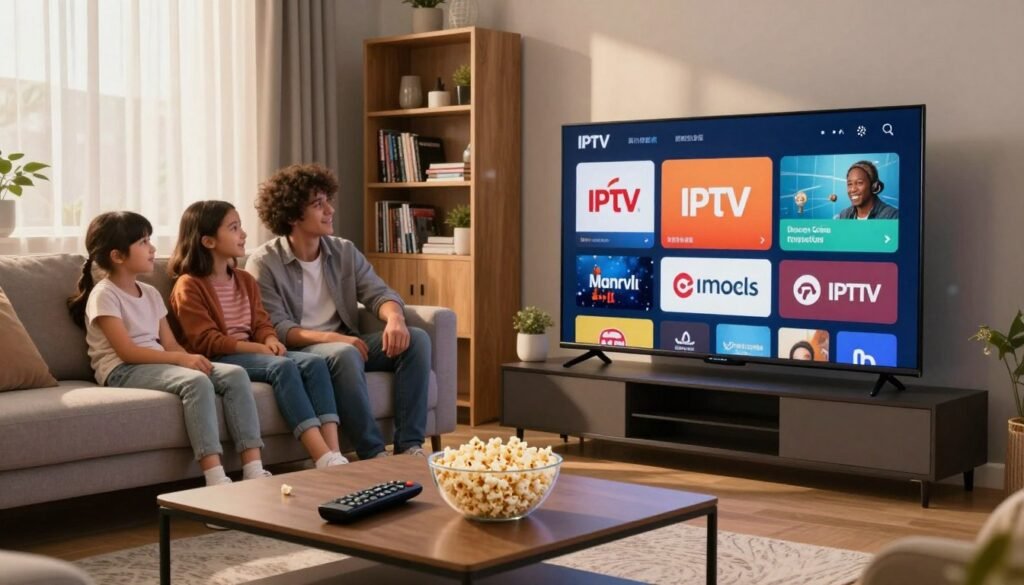 A modern living room setting showcasing a sleek smart TV displaying a collage of different IPTV service logos, representing popular streaming platforms. In the foreground, a stylish coffee table holds a remote control and a bowl of popcorn, symbolizing a cozy viewing experience. The middle ground features a comfortable sofa with a family, dressed in casual attire, eagerly watching the TV, reflecting diverse demographics of viewers. Soft, warm lighting casts a relaxed atmosphere, with sunlight filtering through sheer curtains, creating inviting shadows. The background includes a bookshelf filled with DVDs and decor items that emphasize entertainment. Capture the mood of family togetherness and joy in discovering quality content through various IPTV services.