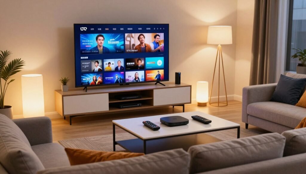 A modern living room setting with a large flat-screen television displaying high-definition IPTV streaming content, showcasing vibrant colors and crisp details. In the foreground, a comfortable sofa adorned with stylish cushions and a sleek coffee table scattered with recent streaming device remote controls. In the middle, a coffee table positioned under soft, ambient lighting emanating from stylish floor lamps, creating a warm and inviting atmosphere. In the background, a neatly organized entertainment unit with DVDs and gaming consoles, hinting at a high-tech, connected lifestyle. The scene is viewed from a slightly elevated angle, emphasizing the quality of the streaming image on the TV. The overall mood conveys relaxation and enjoyment of high-quality entertainment at home.