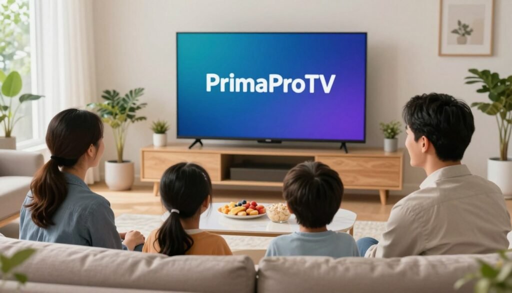 A modern living room setting with a large flat-screen television displaying the logo "PrimaProTV" prominently. In the foreground, a family of four—parents in professional attire and children in casual clothing—sit together on a cozy couch, engaged and smiling as they watch their favorite shows. The middle layer shows the room decorated with plants and a coffee table with snacks, illustrating a comfortable family environment. In the background, large windows allow bright, natural light to fill the room, creating a warm and inviting atmosphere. The overall mood is relaxed and happy, emphasizing family bonding through affordable IPTV entertainment. Utilize soft lighting and a slight depth of field to highlight the family while keeping the focus on the television screen.
