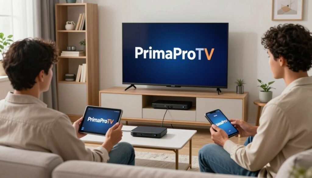 A modern living room setting with a sleek flat-screen TV displaying the logo of "PrimaProTV", surrounded by comfortable furniture. In the foreground, a diverse group of three adults, dressed in smart casual attire, sit together with tablets and smartphones in hand, showcasing their use of IPTV streaming. The middle ground features a stylish media console with streaming devices and cables subtly visible, while a window allows soft natural light to illuminate the scene. In the background, a cozy atmosphere is emphasized by subtle decorations, such as a bookshelf and indoor plants. The image conveys a warm and inviting mood, highlighting the ease and accessibility of USA IPTV streaming in everyday life. A modern living room setting with a sleek flat-screen TV displaying the logo of "PrimaProTV", surrounded by comfortable furniture. In the foreground, a diverse group of three adults, dressed in smart casual attire, sit together with tablets and smartphones in hand, showcasing their use of IPTV streaming. The middle ground features a stylish media console with streaming devices and cables subtly visible, while a window allows soft natural light to illuminate the scene. In the background, a cozy atmosphere is emphasized by subtle decorations, such as a bookshelf and indoor plants. The image conveys a warm and inviting mood, highlighting the ease and accessibility of USA IPTV streaming in everyday life.