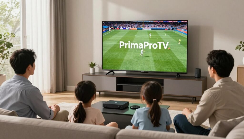 A modern living room setting with a sleek television displaying high-quality IPTV streaming on the screen, featuring the brand logo "PrimaProTV." In the foreground, a family of four—two adults in professional casual attire and two children—sitting comfortably on a stylish couch, engrossed in a vivid sports match. In the middle, a contemporary entertainment unit houses streaming devices and a game console, highlighting the importance of technology in IPTV. The background showcases a large window with sheer curtains, allowing natural light to filter in, creating a warm and inviting ambiance. Soft shadows enhance the scene, emphasizing the high-definition picture quality on the TV screen. The mood is lively and engaging, reflecting a perfect family entertainment experience.
