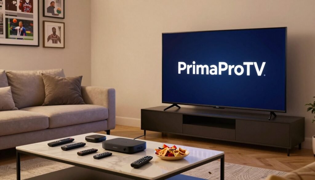 A modern living room setup featuring a sleek flat-screen television displaying the logo of "PrimaProTV" prominently on the screen. In the foreground, a stylish coffee table filled with remote controls, streaming devices, and snacks, subtly indicating an engaging viewing experience. In the middle ground, a plush sofa adorned with cozy pillows, inviting viewers to relax while enjoying live TV. The background showcases a well-decorated wall with framed images of various sports and entertainment icons, hinting at the diverse content available through IPTV. The lighting is warm and soft, creating an inviting atmosphere, captured from a slightly elevated angle to emphasize comfort and accessibility in watching top IPTV services. A modern living room setup featuring a sleek flat-screen television displaying the logo of "PrimaProTV" prominently on the screen. In the foreground, a stylish coffee table filled with remote controls, streaming devices, and snacks, subtly indicating an engaging viewing experience. In the middle ground, a plush sofa adorned with cozy pillows, inviting viewers to relax while enjoying live TV. The background showcases a well-decorated wall with framed images of various sports and entertainment icons, hinting at the diverse content available through IPTV. The lighting is warm and soft, creating an inviting atmosphere, captured from a slightly elevated angle to emphasize comfort and accessibility in watching top IPTV services.