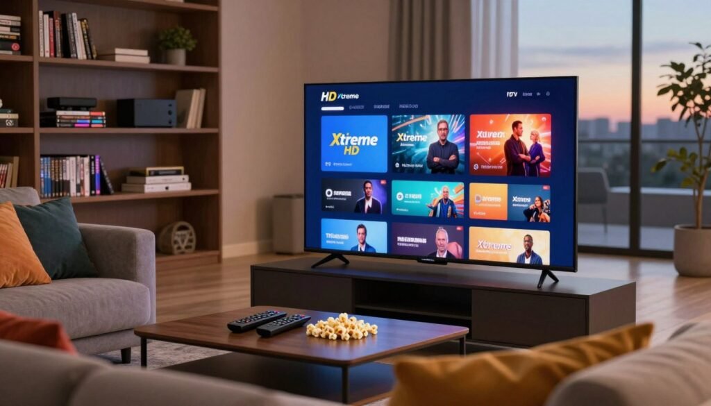 A modern living room setup featuring a sleek, ultra-high-definition television displaying vibrant streaming content, symbolizing Xtreme HD IPTV services. In the foreground, a comfortable couch adorned with colorful cushions and a coffee table with remote controls and popcorn, creating a sense of relaxation. In the middle, the TV screen shows dynamic streaming graphics, emphasizing clarity and detail. The background subtly features a stylish bookshelf filled with DVDs and tech gadgets. The lighting is warm and inviting, with soft ambient light streaming through a large window, suggesting a cozy evening atmosphere. Capture the scene from a slight angle to emphasize depth while maintaining a focus on the television and its vivid display. A modern living room setup featuring a sleek, ultra-high-definition television displaying vibrant streaming content, symbolizing Xtreme HD IPTV services. In the foreground, a comfortable couch adorned with colorful cushions and a coffee table with remote controls and popcorn, creating a sense of relaxation. In the middle, the TV screen shows dynamic streaming graphics, emphasizing clarity and detail. The background subtly features a stylish bookshelf filled with DVDs and tech gadgets. The lighting is warm and inviting, with soft ambient light streaming through a large window, suggesting a cozy evening atmosphere. Capture the scene from a slight angle to emphasize depth while maintaining a focus on the television and its vivid display.