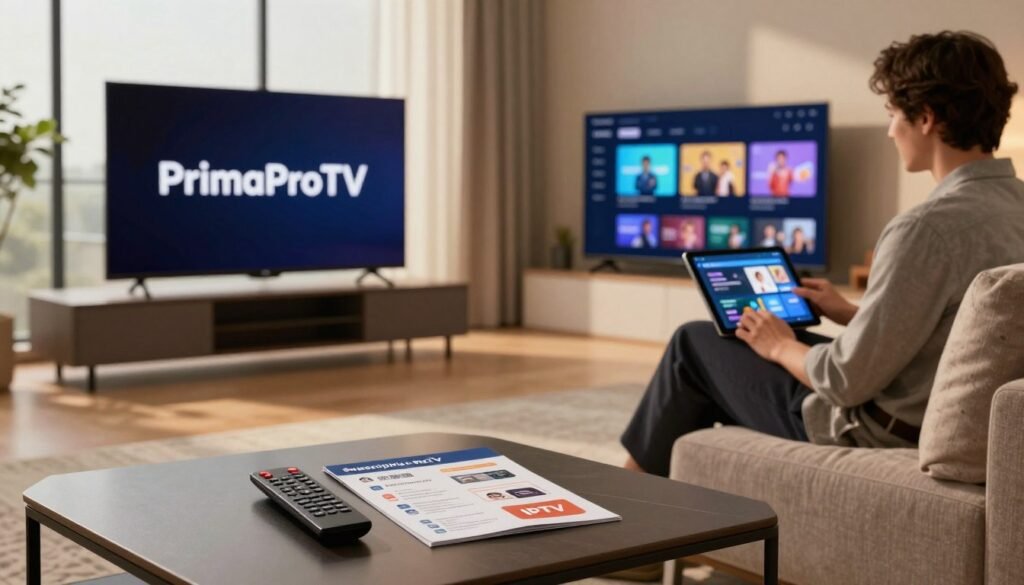 A modern living room setup showcasing a sleek Smart TV displaying the logo of "PrimaProTV" prominently on the screen. In the foreground, a stylish coffee table holds a remote control and a subscription brochure highlighting IPTV service features, such as variety of channels and user interface options. The middle ground features a comfortable sofa, with a person in professional business attire thoughtfully browsing through IPTV options on a tablet, illuminated by soft, ambient lighting that creates a warm and inviting atmosphere. In the background, large windows allow natural light to filter in, enhancing the cozy, contemporary aesthetic of the room. The scene conveys a sense of relaxation and enjoyment, perfect for families looking to enhance their viewing experience with IPTV services. A modern living room setup showcasing a sleek Smart TV displaying the logo of "PrimaProTV" prominently on the screen. In the foreground, a stylish coffee table holds a remote control and a subscription brochure highlighting IPTV service features, such as variety of channels and user interface options. The middle ground features a comfortable sofa, with a person in professional business attire thoughtfully browsing through IPTV options on a tablet, illuminated by soft, ambient lighting that creates a warm and inviting atmosphere. In the background, large windows allow natural light to filter in, enhancing the cozy, contemporary aesthetic of the room. The scene conveys a sense of relaxation and enjoyment, perfect for families looking to enhance their viewing experience with IPTV services.
