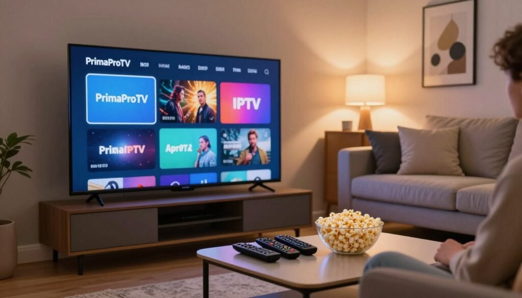 A modern living room showcasing advanced streaming options for home entertainment. In the foreground, a sleek, flat-screen television displays a vivid, colorful interface of an IPTV platform, labeled "PrimaProTV". In the middle ground, a stylish, comfortable couch with plush cushions invites relaxation. A compact coffee table holds various remote controls and a bowl of popcorn, setting the perfect mood for a movie night. In the background, soft ambient lighting enhances the cozy atmosphere, with decorative wall art creating an inviting space. A subtle depth of field effect, captured from a slightly elevated angle, focuses on the TV while gently blurring the background. The overall mood is warm and inviting, perfect for a family entertainment setting.