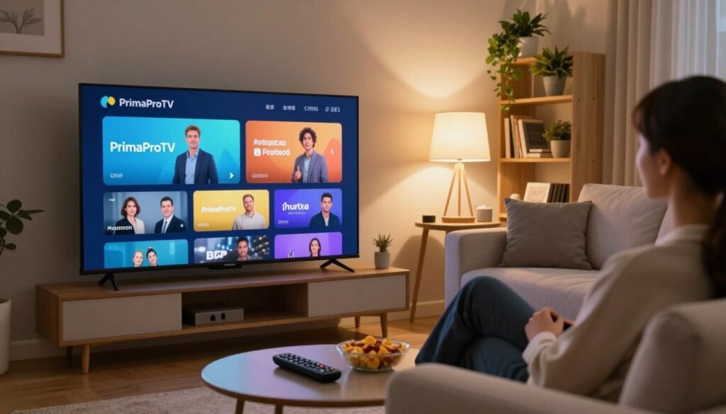 A modern living room with a sleek flat-screen TV displaying vibrant IPTV streaming content. In the foreground, a coffee table with a smart remote and snacks; the focus is on a smart TV interface showcasing the brand "PrimaProTV." The middle features a comfortable couch with a person in professional attire, engaged and relaxed while watching. Soft ambient lighting creates a cozy atmosphere, with a warm glow emanating from a stylish lamp. In the background, a well-decorated shelf with books and plants adds depth. The scene is captured from a slightly elevated angle, emphasizing the connection between the viewer and the streaming content, portraying a sense of ease and comfort in enjoying IPTV services over the internet.