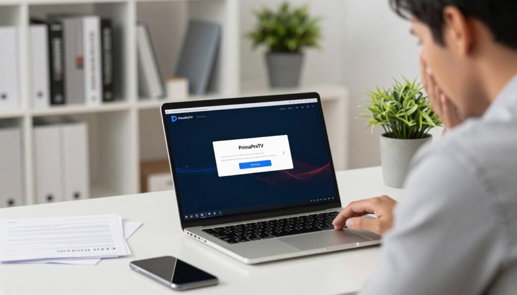 A modern, professional home office setup displaying a laptop screen with the "PrimaProTV" IPTV Smarters app open, showing an authentication error message. In the foreground, the laptop is positioned prominently, with a concerned individual in professional attire examining the screen, hinting at frustration. The middle layer features office accessories such as papers and a smartphone, suggesting a troubleshooting session. The background is a well-lit, contemporary workspace with a bookshelf filled with tech manuals and a potted plant, conveying a calm yet urgent atmosphere. Soft, natural lighting illuminates the scene, reflecting a focus on finding solutions to technical issues, with a shallow depth of field to emphasize the foreground action.
