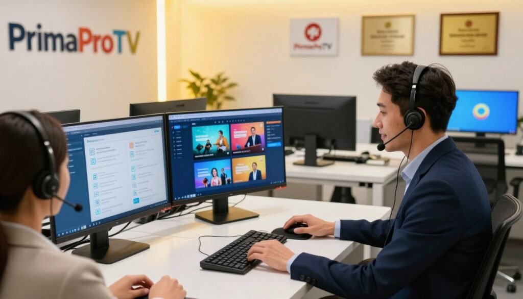 A modern, sleek office environment showcasing "PrimaProTV" high-quality IPTV services. In the foreground, a professional customer support representative, dressed in smart business attire, interacts with a client over a headset, appearing attentive and friendly. The middle ground features a high-tech setup, including multiple screens displaying vibrant IPTV content, along with charts comparing service features. In the background, a wall with a minimalist design displays logos of featured channels and service accolades. The lighting is bright yet soft, creating a welcoming atmosphere, with a focus on warm yellows and cool blues. The angle is slightly elevated, providing a comprehensive view of the space, emphasizing both the technology and the human connection in customer support. A modern, sleek office environment showcasing "PrimaProTV" high-quality IPTV services. In the foreground, a professional customer support representative, dressed in smart business attire, interacts with a client over a headset, appearing attentive and friendly. The middle ground features a high-tech setup, including multiple screens displaying vibrant IPTV content, along with charts comparing service features. In the background, a wall with a minimalist design displays logos of featured channels and service accolades. The lighting is bright yet soft, creating a welcoming atmosphere, with a focus on warm yellows and cool blues. The angle is slightly elevated, providing a comprehensive view of the space, emphasizing both the technology and the human connection in customer support.