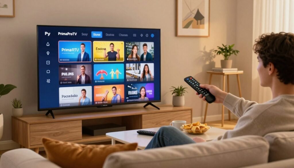 A modern, visually engaging living room scene showcasing an affordable multi-channel IPTV setup featuring the PrimaProTV brand. In the foreground, a sleek smart TV displays a vibrant interface with various channel thumbnails arranged aesthetically. A cozy couch with stylish cushions invites viewers to relax, while a coffee table holds a remote and snacks, enhancing the friendly atmosphere. In the middle ground, a person in smart casual clothing excitedly browses through channels using a modern remote. The background is softly lit, with warm lighting creating a welcoming ambiance, accentuated by tasteful decor like artwork and plants. The scene captures the essence of accessible entertainment, ideal for families. A modern, visually engaging living room scene showcasing an affordable multi-channel IPTV setup featuring the PrimaProTV brand. In the foreground, a sleek smart TV displays a vibrant interface with various channel thumbnails arranged aesthetically. A cozy couch with stylish cushions invites viewers to relax, while a coffee table holds a remote and snacks, enhancing the friendly atmosphere. In the middle ground, a person in smart casual clothing excitedly browses through channels using a modern remote. The background is softly lit, with warm lighting creating a welcoming ambiance, accentuated by tasteful decor like artwork and plants. The scene captures the essence of accessible entertainment, ideal for families.