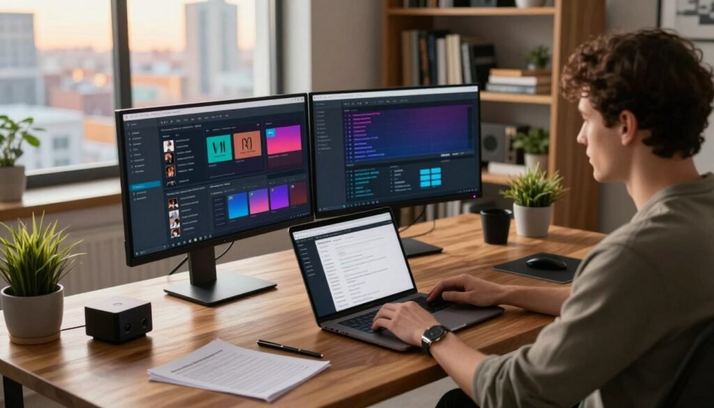 A modern workspace featuring a sleek wooden desk with dual monitors displaying colorful M3U playlist conversion software interfaces. In the foreground, a focused individual in smart casual attire, using a laptop to process playlist files, surrounded by notes and streaming device logos. The middle-ground includes a stylish bookshelf filled with tech books and a small potted plant for a touch of greenery. In the background, a vibrant cityscape is visible through a large window, bathed in warm afternoon light, creating a cozy yet professional atmosphere. The angle is slightly elevated, emphasizing the technology and concentration, while soft shadows enhance the depth of the scene. The overall mood is productive and inspiring, reflecting modern streaming solutions. A modern workspace featuring a sleek wooden desk with dual monitors displaying colorful M3U playlist conversion software interfaces. In the foreground, a focused individual in smart casual attire, using a laptop to process playlist files, surrounded by notes and streaming device logos. The middle-ground includes a stylish bookshelf filled with tech books and a small potted plant for a touch of greenery. In the background, a vibrant cityscape is visible through a large window, bathed in warm afternoon light, creating a cozy yet professional atmosphere. The angle is slightly elevated, emphasizing the technology and concentration, while soft shadows enhance the depth of the scene. The overall mood is productive and inspiring, reflecting modern streaming solutions.