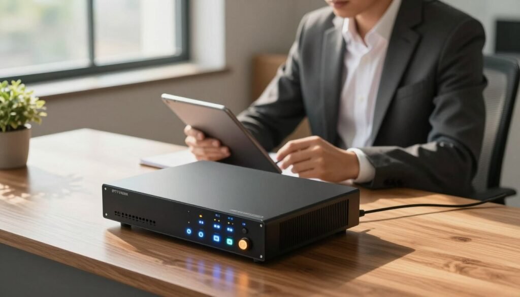A professional IPTV encoder setup in a modern office environment. In the foreground, a sleek, high-tech IPTV encoder device with illuminated LED indicators and cooling vents, on a polished wooden desk. In the middle ground, a consultant in a smart business suit, studying the device, taking notes on a tablet. The background features a large window with natural light streaming in, casting soft shadows across the room. The atmosphere is focused and analytical, conveying an expert consultation vibe. Use warm lighting to create a welcoming environment, and capture a slightly elevated angle to emphasize the equipment and the consultant's engagement. The overall mood reflects professionalism and technical expertise. A professional IPTV encoder setup in a modern office environment. In the foreground, a sleek, high-tech IPTV encoder device with illuminated LED indicators and cooling vents, on a polished wooden desk. In the middle ground, a consultant in a smart business suit, studying the device, taking notes on a tablet. The background features a large window with natural light streaming in, casting soft shadows across the room. The atmosphere is focused and analytical, conveying an expert consultation vibe. Use warm lighting to create a welcoming environment, and capture a slightly elevated angle to emphasize the equipment and the consultant's engagement. The overall mood reflects professionalism and technical expertise.