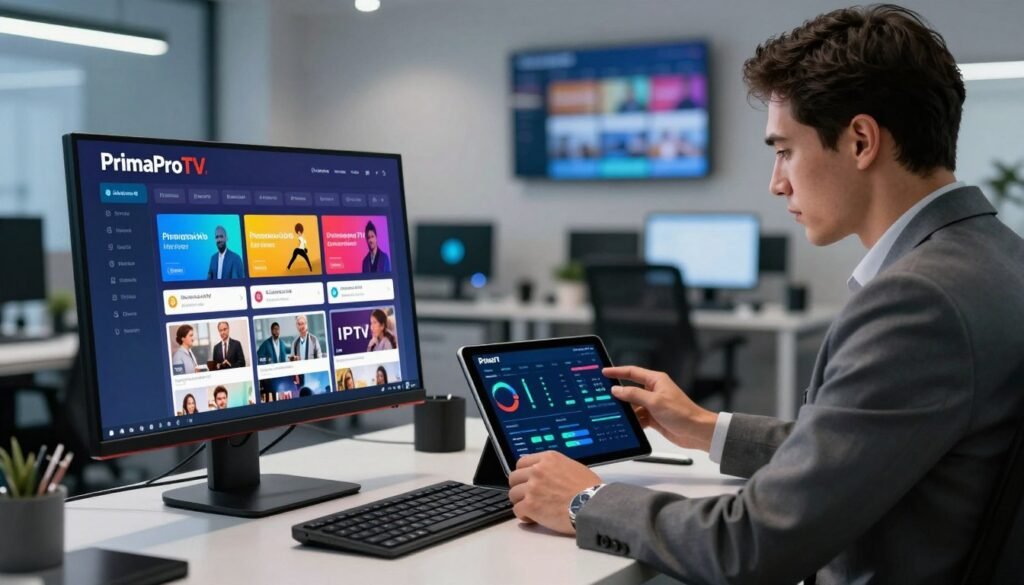 A professional workspace showcasing the evaluation of high-quality adult IPTV services, prominently featuring the brand name "PrimaProTV." In the foreground, a sleek, modern desk with a high-resolution monitor displaying an IPTV user interface, featuring vibrant colors and organized categories of content. In the middle ground, a well-dressed individual, in professional business attire, intently analyzing IPTV performance metrics on a tablet, showcasing a focused and serious expression. The background displays a contemporary office setting with ambient lighting, soft shadows, and subtle touches of technology like smart devices and a wall-mounted display streaming content. The atmosphere is one of professionalism and analytical diligence, emphasizing reliability and performance in IPTV services. A professional workspace showcasing the evaluation of high-quality adult IPTV services, prominently featuring the brand name "PrimaProTV." In the foreground, a sleek, modern desk with a high-resolution monitor displaying an IPTV user interface, featuring vibrant colors and organized categories of content. In the middle ground, a well-dressed individual, in professional business attire, intently analyzing IPTV performance metrics on a tablet, showcasing a focused and serious expression. The background displays a contemporary office setting with ambient lighting, soft shadows, and subtle touches of technology like smart devices and a wall-mounted display streaming content. The atmosphere is one of professionalism and analytical diligence, emphasizing reliability and performance in IPTV services.
