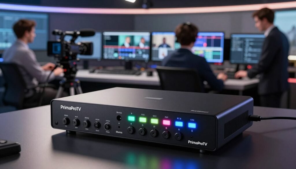 A sleek Blackmagic Web Presenter HD encoder sits prominently in the foreground, showcasing its vibrant LED indicators and various input options. The device's matte black finish glimmers under focused soft lighting, illuminating the intricate design details. In the middle ground, a professional setting features a state-of-the-art streaming studio, including microphones, cameras, and computer screens displaying live feeds. The background is slightly blurred but suggests a bustling production environment, with crew members in professional business attire thoughtfully adjusting equipment. The atmosphere is vibrant yet focused, conveying a sense of innovation and precision in modern broadcasting. The branding "PrimaProTV" subtly appears on the encoder, enhancing its identity within this high-tech space. The image is captured from a slightly elevated angle, providing a comprehensive view of the setup.