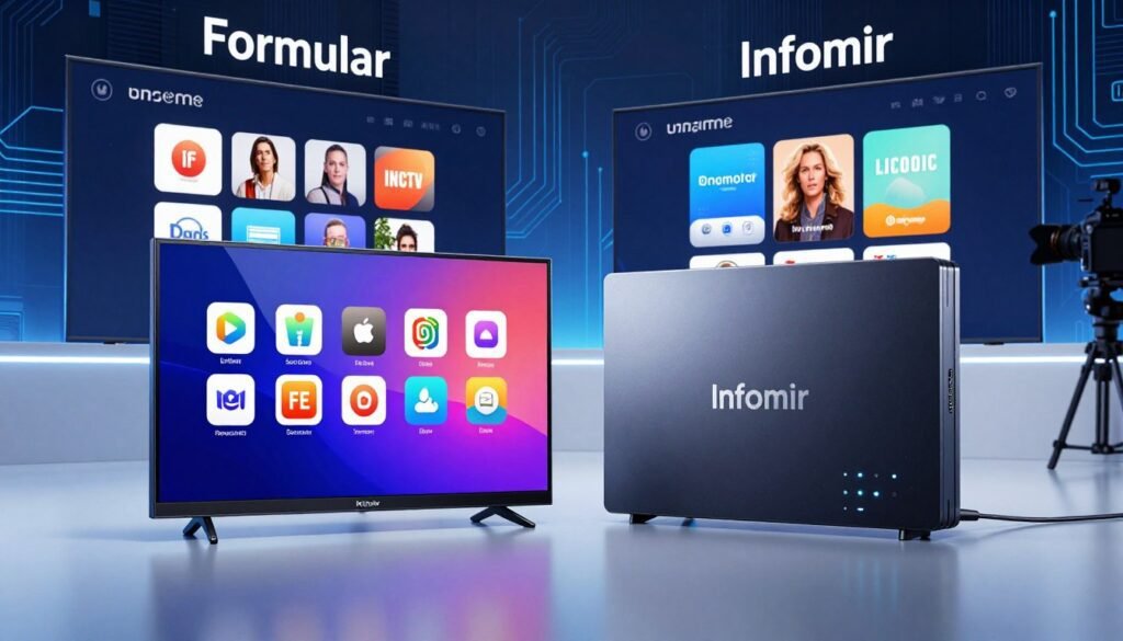 A sleek and modern tech environment showcasing two IPTV boxes side by side: the Formular and Infomir models. In the foreground, the Formular box features a glossy finish with a vibrant display screen showing app icons, while the Infomir box has a matte surface with illuminated indicators. The middle ground displays their operating systems on large, sharp screens, highlighting their user interfaces with visually appealing app layouts. The background introduces a blend of high-tech elements like circuit patterns and digital motifs, creating an atmosphere of innovation. Soft blue and white lighting enhances a futuristic feel, while a professional photographer's angle emphasizes clarity and detail, capturing the essence of IPTV technology and compatibility. A sleek and modern tech environment showcasing two IPTV boxes side by side: the Formular and Infomir models. In the foreground, the Formular box features a glossy finish with a vibrant display screen showing app icons, while the Infomir box has a matte surface with illuminated indicators. The middle ground displays their operating systems on large, sharp screens, highlighting their user interfaces with visually appealing app layouts. The background introduces a blend of high-tech elements like circuit patterns and digital motifs, creating an atmosphere of innovation. Soft blue and white lighting enhances a futuristic feel, while a professional photographer's angle emphasizes clarity and detail, capturing the essence of IPTV technology and compatibility.
