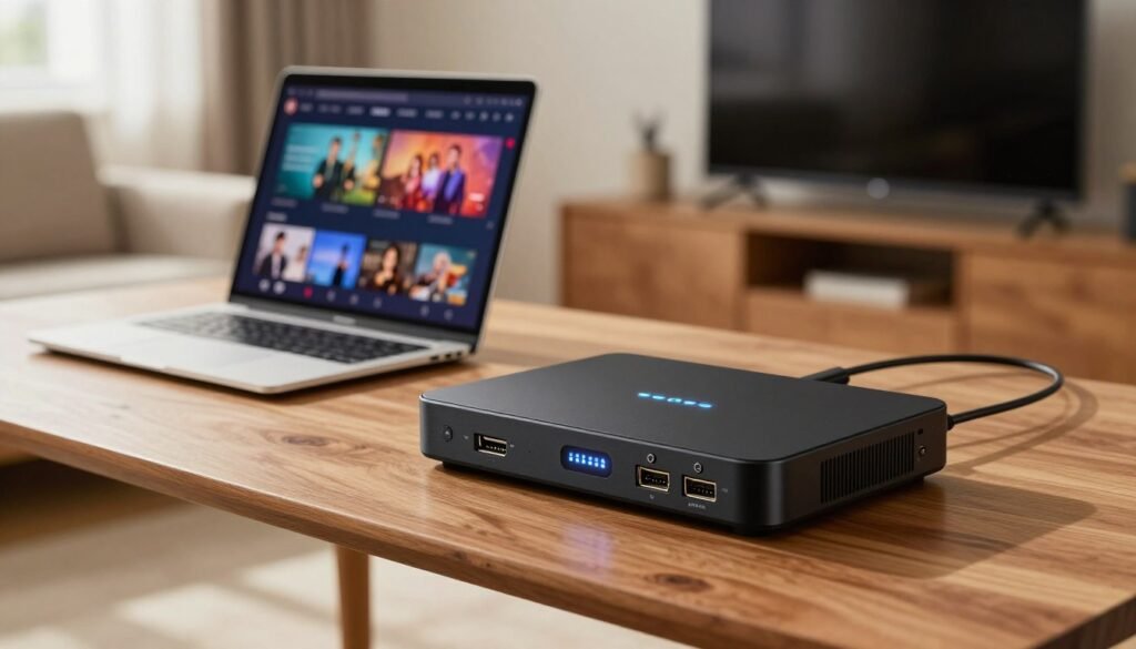 A sleek, modern HDMI encoder designed for budget-friendly home IPTV setups, positioned prominently in the foreground. The device features a matte black casing with illuminated buttons, an LED display, and multiple HDMI ports visibly showcased. In the middle ground, a stylish wooden desk holds a laptop connected to the encoder, displaying a vibrant streaming interface. The background is softly blurred, hinting at a cozy living room setting with a comfortable couch and a large TV. Warm, natural lighting from a window casts gentle shadows, enhancing the inviting atmosphere. The focal point should be the encoder, captured with a slightly under-eye angle to emphasize its importance in achieving smooth streaming. The overall mood conveys efficiency, modernity, and accessibility for everyday users.