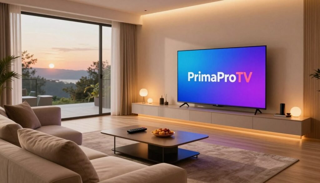 A sleek, modern living room designed for high-quality streaming, featuring a large, flat-screen TV displaying the logo "PrimaProTV" prominently in vibrant colors. In the foreground, a stylish sofa adorned with plush cushions invites viewers to sit and enjoy. In the middle, a coffee table holds a remote control and snacks, enhancing the cozy atmosphere. The background showcases a warm, inviting ambiance with soft, ambient lighting that reflects off the walls. A large window reveals a serene outdoor view, hinting at a peaceful environment. The overall mood is warm and welcoming, evoking a sense of reliability and premium video quality, suggesting an enjoyable streaming experience. Use a wide-angle lens to emphasize the spaciousness of the room. A sleek, modern living room designed for high-quality streaming, featuring a large, flat-screen TV displaying the logo "PrimaProTV" prominently in vibrant colors. In the foreground, a stylish sofa adorned with plush cushions invites viewers to sit and enjoy. In the middle, a coffee table holds a remote control and snacks, enhancing the cozy atmosphere. The background showcases a warm, inviting ambiance with soft, ambient lighting that reflects off the walls. A large window reveals a serene outdoor view, hinting at a peaceful environment. The overall mood is warm and welcoming, evoking a sense of reliability and premium video quality, suggesting an enjoyable streaming experience. Use a wide-angle lens to emphasize the spaciousness of the room.