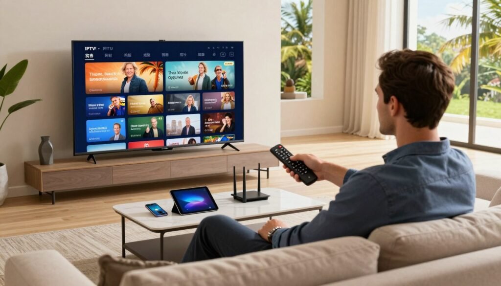 A sleek, modern living room designed for seamless internet TV streaming, featuring a large flat-screen television displaying vibrant streaming content. In the foreground, a well-dressed professional man, dressed in smart casual attire, is comfortably seated on a cozy couch, holding a remote and engaged with the screen. In the middle ground, a stylish coffee table with a smartphone, a tablet, and a router highlighting advanced technology is visible. The background showcases a window revealing a lush tropical landscape synonymous with Guyana, bathing the room in warm, natural light. The atmosphere is inviting and tech-savvy, emphasizing the connectivity and convenience offered by IPTV services. The angle is slightly elevated to capture the entire scene harmoniously.