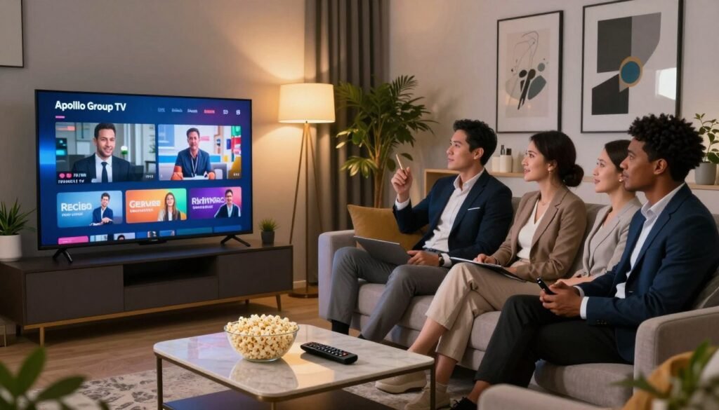 A sleek, modern living room scene showcasing a high-definition television displaying vibrant IPTV content, symbolizing the concept of "Apollo Group TV". The foreground features a stylish coffee table adorned with a remote and a bowl of popcorn, suggesting comfort and leisure. In the middle, a well-dressed, diverse group of individuals, casually seated on a plush sofa, are engaged in watching the TV, all in professional business attire. The background is filled with elegant decor, including houseplants and contemporary art, radiating a warm, inviting atmosphere. Soft, ambient lighting casts a cozy glow over the room, enhancing the feeling of relaxation and enjoyment. The angle is slightly elevated, providing a clear view of the engaging scene without any text or distractions. A sleek, modern living room scene showcasing a high-definition television displaying vibrant IPTV content, symbolizing the concept of "Apollo Group TV". The foreground features a stylish coffee table adorned with a remote and a bowl of popcorn, suggesting comfort and leisure. In the middle, a well-dressed, diverse group of individuals, casually seated on a plush sofa, are engaged in watching the TV, all in professional business attire. The background is filled with elegant decor, including houseplants and contemporary art, radiating a warm, inviting atmosphere. Soft, ambient lighting casts a cozy glow over the room, enhancing the feeling of relaxation and enjoyment. The angle is slightly elevated, providing a clear view of the engaging scene without any text or distractions.