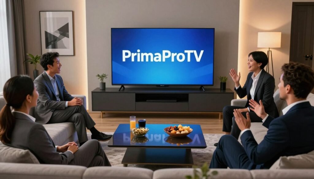 A sleek, modern living room scene with a high-definition TV displaying the logo "PrimaProTV" prominently on the screen. In the foreground, a group of diverse adults, dressed in professional business attire, casually enjoying the content, with expressions of excitement and engagement. The middle ground showcases a stylish coffee table with snacks and drinks, contributing to a relaxed atmosphere. The background features elegant wall decor and soft ambient lighting, casting a warm glow over the setting. The image captures the premium quality and enjoyment of adult IPTV, emphasizing social interaction and modern technology. The angle should be slightly elevated, providing a dynamic view of the scene, enhancing the feeling of sophistication and comfort. A sleek, modern living room scene with a high-definition TV displaying the logo "PrimaProTV" prominently on the screen. In the foreground, a group of diverse adults, dressed in professional business attire, casually enjoying the content, with expressions of excitement and engagement. The middle ground showcases a stylish coffee table with snacks and drinks, contributing to a relaxed atmosphere. The background features elegant wall decor and soft ambient lighting, casting a warm glow over the setting. The image captures the premium quality and enjoyment of adult IPTV, emphasizing social interaction and modern technology. The angle should be slightly elevated, providing a dynamic view of the scene, enhancing the feeling of sophistication and comfort.
